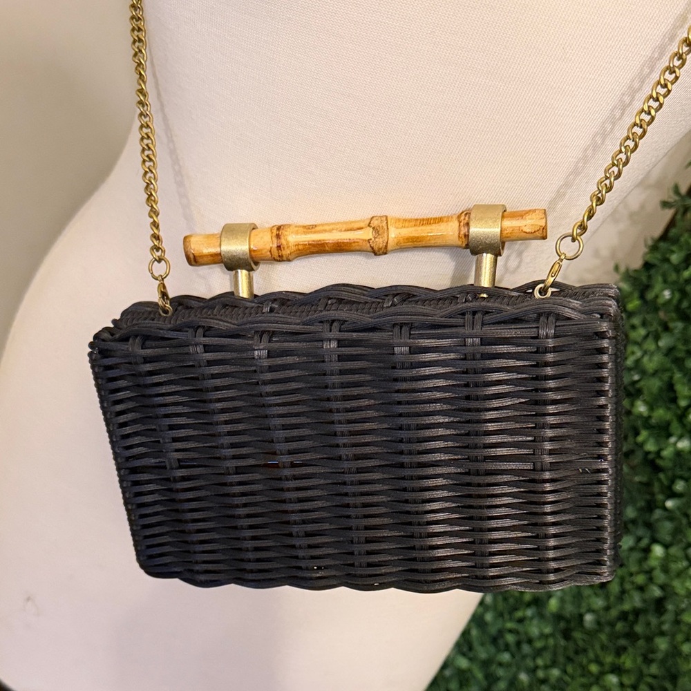 Zara Black Woven Crossbody Bag with Bamboo Top Handle